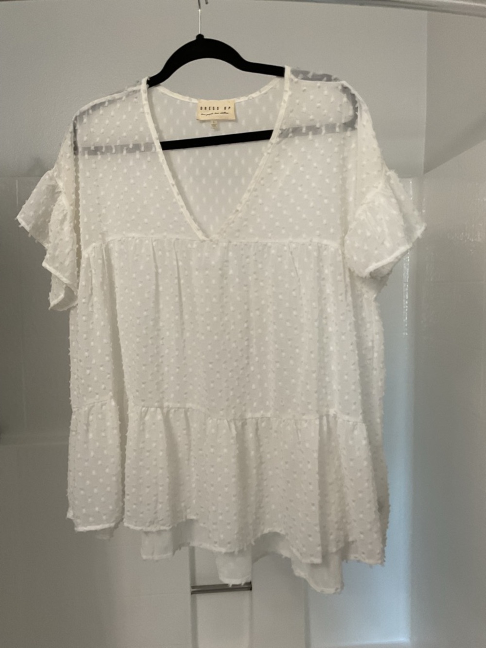 DRESS UP White Swiss Dot V-Neck Tiered Ruffle Sleeve Blouse